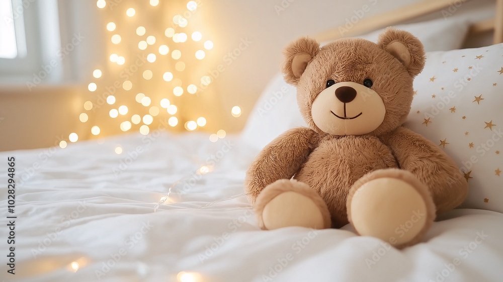 Cute teddy bear on a soft bed with warm lights Cute teddy bear on a soft bed with warm lights