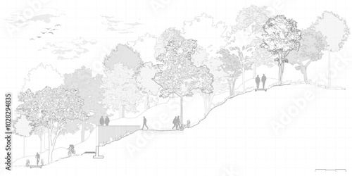 Architectural Drawings, Minimal style cad tree line drawing, Side view, set of section mountian forest outline symbol for landscape design drawing. Vector illustration in stroke fill in white.