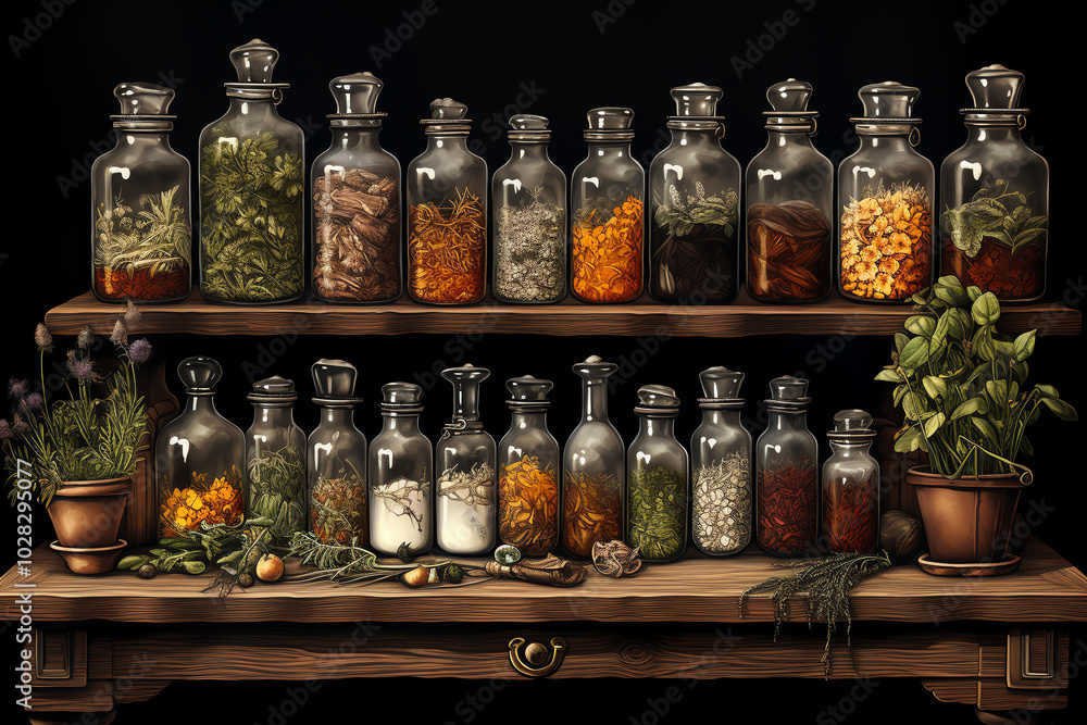 Long shot, apothecary table filled with jars of medicinal herbs, rustic atmosphere, soft digital painting, warm tones Long shot, apothecary table filled with jars of medicinal herbs, rustic atmosphere, soft digital painting, warm tones