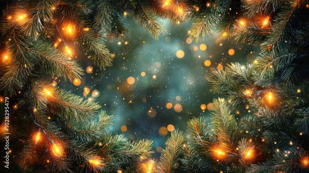 A captivating image of a festive scene with glittering holiday lights intertwined with rich green pine needles A captivating image of a festive scene with glittering holiday lights intertwined with rich green pine needles