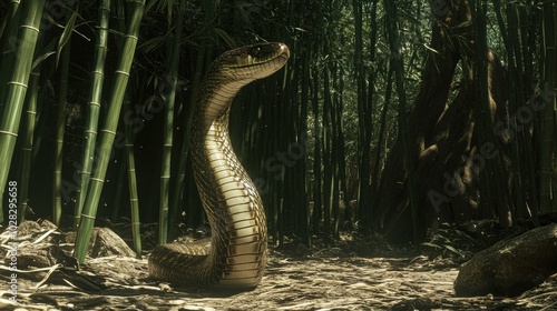 A king cobra poised to strike in a bamboo forest, its hood fully spread. photo