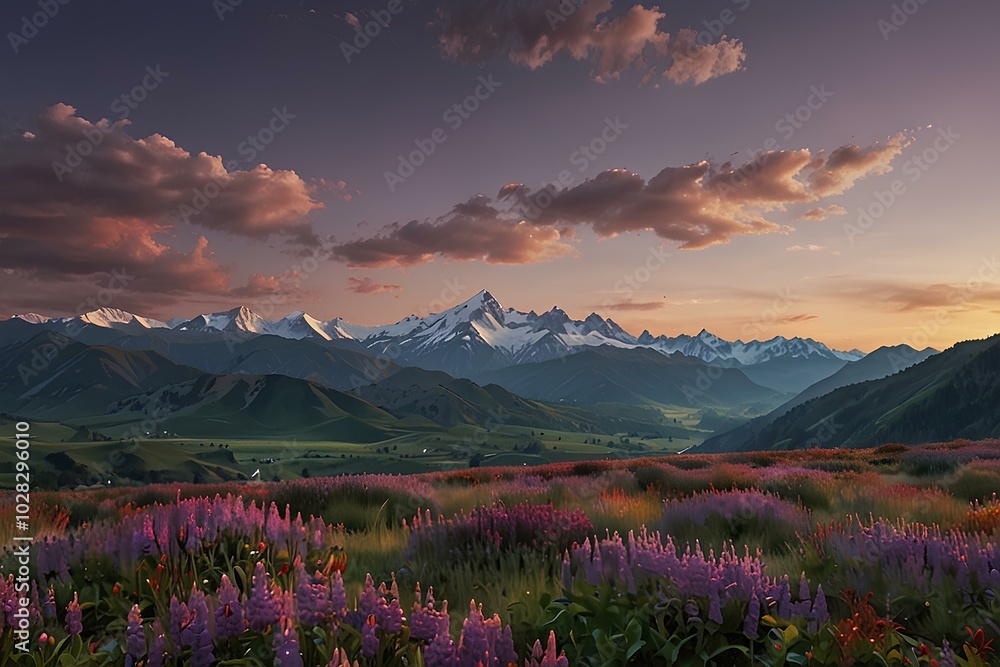 Artistic Mountain Scene – 32K UHD Adventurecore Photography with Purple Blooms Artistic Mountain Scene – 32K UHD Adventurecore Photography with Purple Blooms