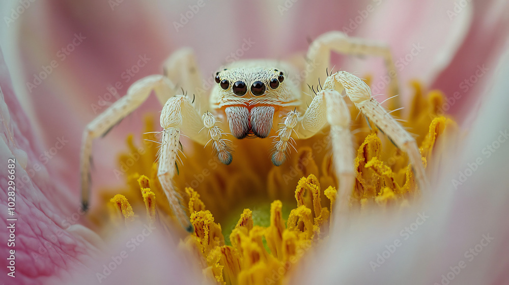 Obraz premium A crab spider blending into a flower, waiting for prey.