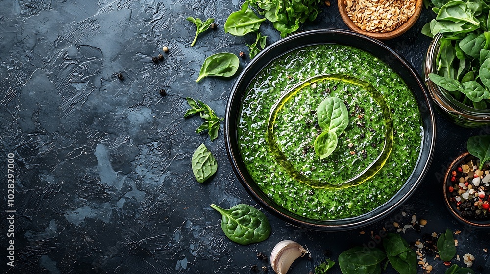 Spinach soup with cream in a bowl Top view Copy space : Generative AI Spinach soup with cream in a bowl Top view Copy space : Generative AI