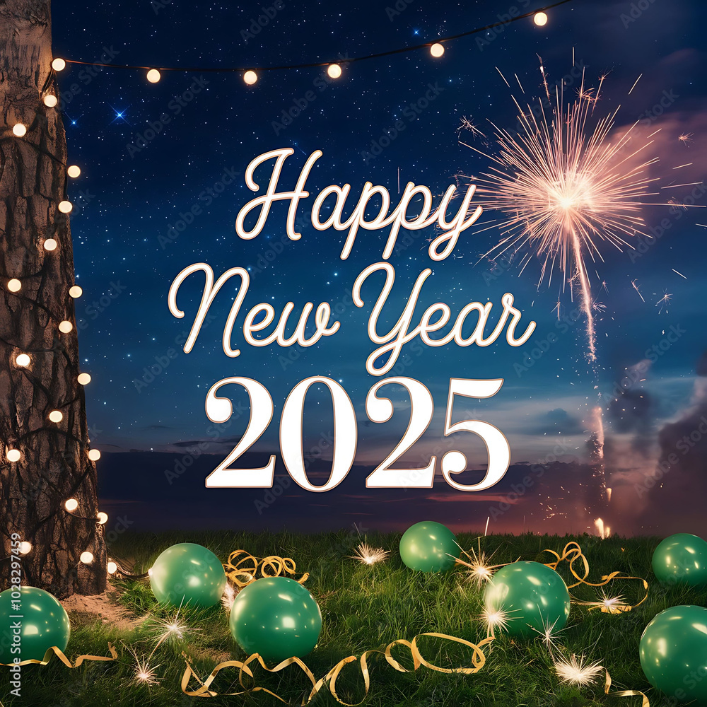 Fototapeta premium A poster with text happy new year 2025 in a balloon, fireworks, sparkler, night, glowing background