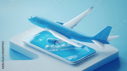 A blue airplane model rests on a smartphone, symbolizing travel and technology integration.