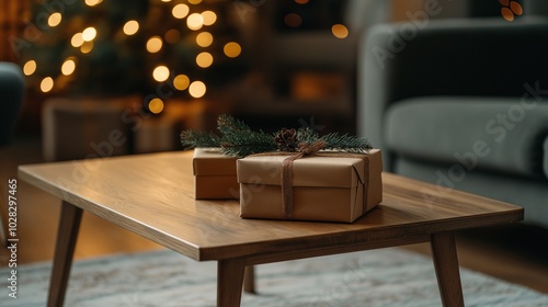 Cozy Holiday Scene with Wrapped Gifts on a Table
