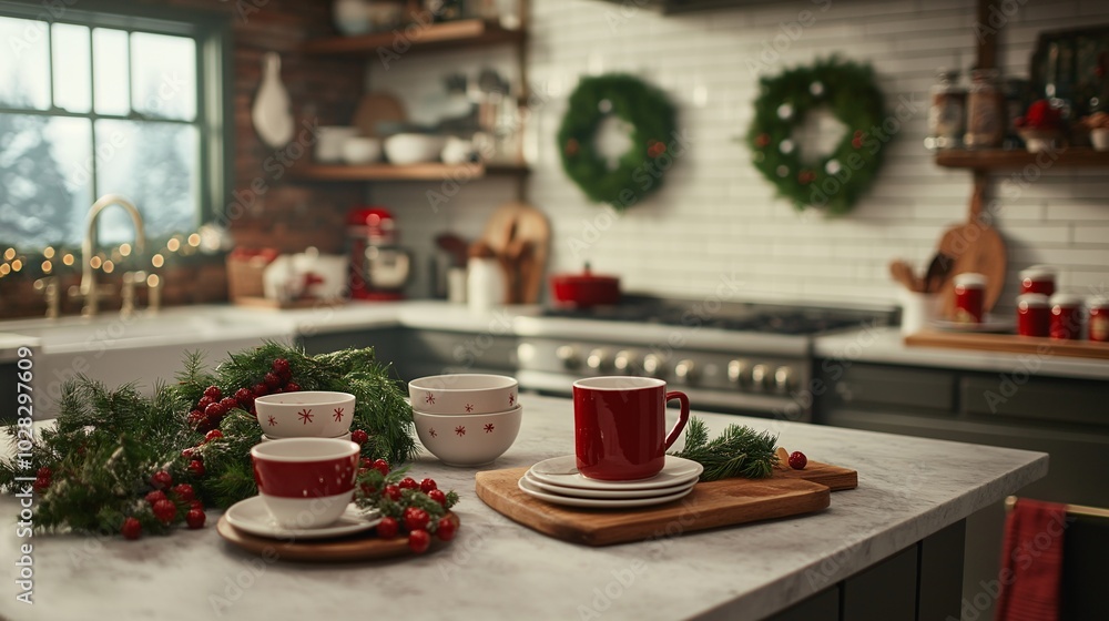 Cozy Holiday Kitchen with Festive Decor and Cups Cozy Holiday Kitchen with Festive Decor and Cups