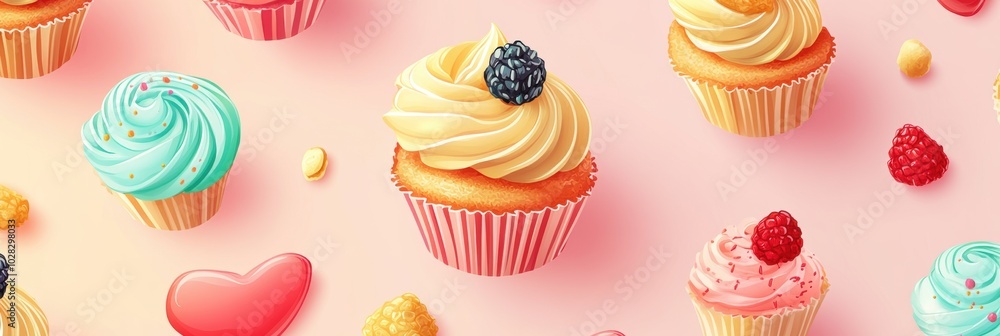 Colorful cupcake and sweet pattern on a pastel backdrop, vibrant dessert design, playful and inviting atmosphere, appealing to all ages Colorful cupcake and sweet pattern on a pastel backdrop, vibrant dessert design, playful and inviting atmosphere, appealing to all ages