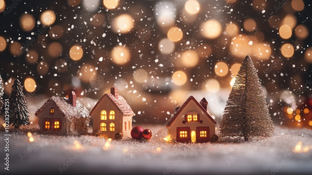 Christmas and new year postcard with illuminated village, cozy houses, decorated christmas trees, festive, magic new year background, winter bokeh, template for design, greeting postcard, copy space. Christmas and new year postcard with illuminated village, cozy houses, decorated christmas trees, festive, magic new year background, winter bokeh, template for design, greeting postcard, copy space.