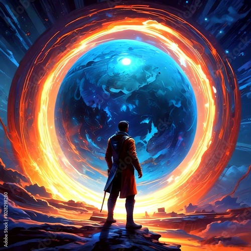 Timetraveler standing in front of large shiny portal.