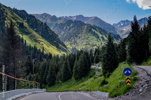 Eco-trail on Medeo overlooking the Tien Shan Mountains, Kazakhstan, Almaty. Summer, sunny