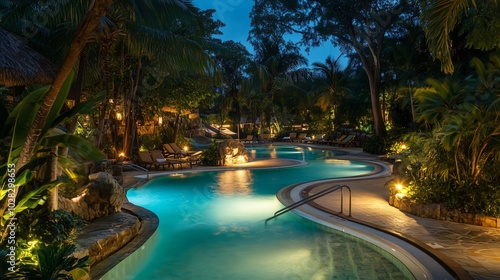 Wallpaper Mural A peaceful tropical swimming pool at night with palm trees and luxury resort atmosphere Torontodigital.ca