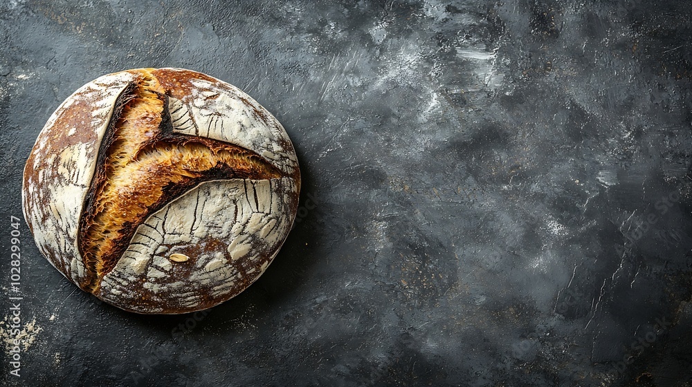 Bread rye whole grain on a grey slate backgroundTop view : Generative AI Bread rye whole grain on a grey slate backgroundTop view : Generative AI