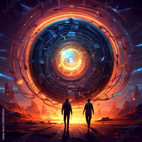 Timetraveler standing in front of large shiny portal.