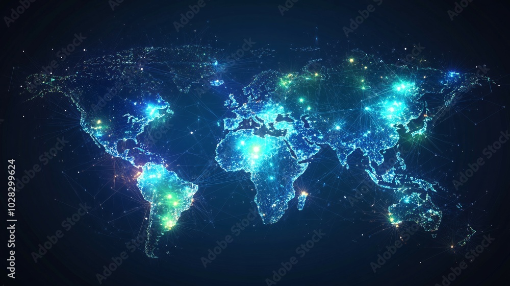 A Digital World Map with Illuminated Cities and Connecting Lines A Digital World Map with Illuminated Cities and Connecting Lines