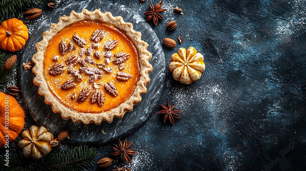 Pumpkin pie on marble cutting board Dark background Copy space Top view : Generative AI Pumpkin pie on marble cutting board Dark background Copy space Top view : Generative AI