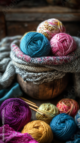 Colorful yarns and knitting supplies in a basket photo