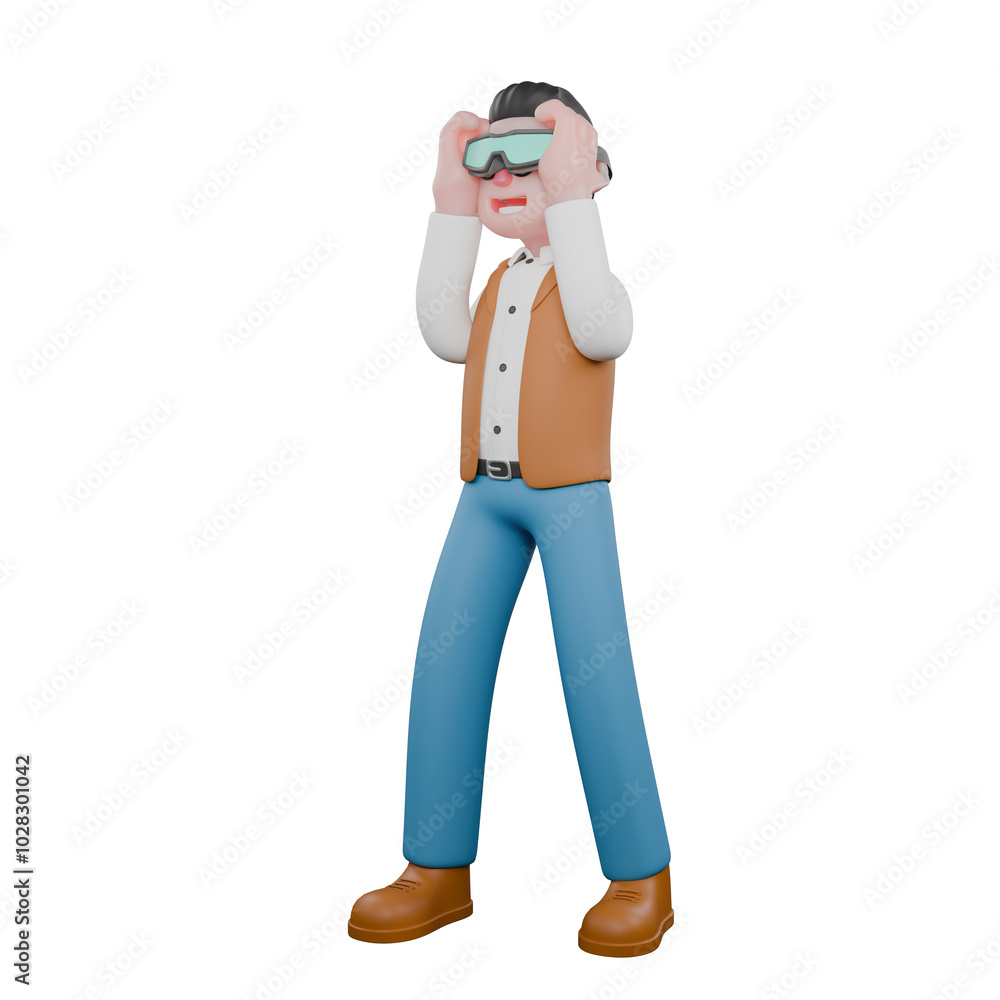 3D Male Anthropologist Observing. A male anthropologist is standing while looking using long-range binoculars held in both hands.Ethnographic Research Cartoon 3D Male Anthropologist Observing. A male anthropologist is standing while looking using long-range binoculars held in both hands.Ethnographic Research Cartoon