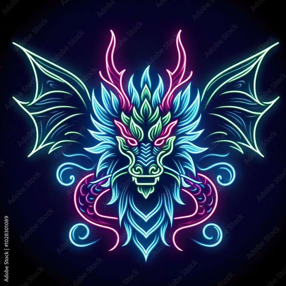 Obraz premium Dragon head animal in neon style, Portrait of glow light animal. minimal design