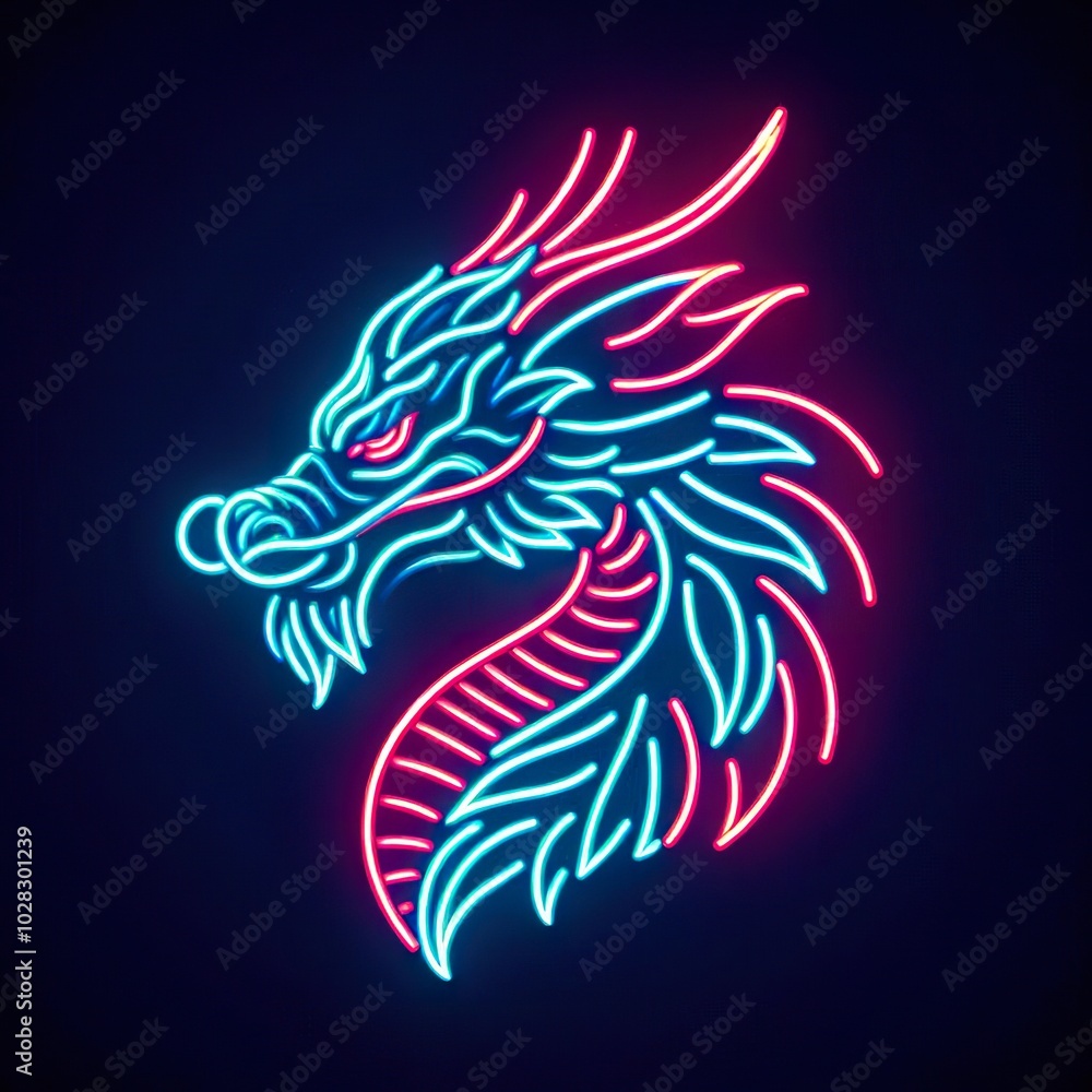 Fototapeta premium Dragon head animal in neon style, Portrait of glow light animal. minimal design