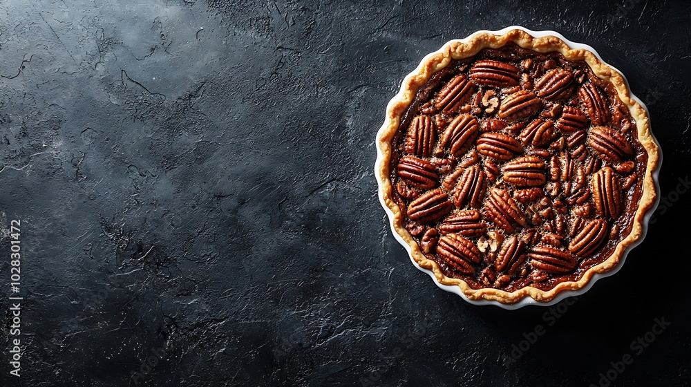 Pecan pie tart in baking dish Traditional festive Thanksgiving dessert Dark background Close up Top view : Generative AI Pecan pie tart in baking dish Traditional festive Thanksgiving dessert Dark background Close up Top view : Generative AI
