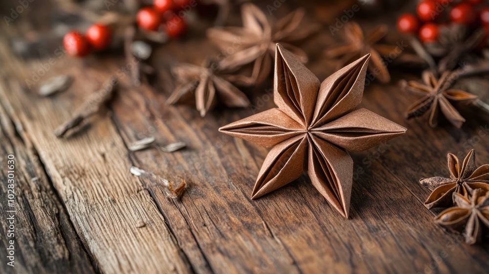 Cute handmade origami postcard from recycled paper with anise star on wooden background. Homemade gingerbread cookies. Holiday craft, family tradition, quality time., simple easy do it yourself decor Cute handmade origami postcard from recycled paper with anise star on wooden background. Homemade gingerbread cookies. Holiday craft, family tradition, quality time., simple easy do it yourself decor