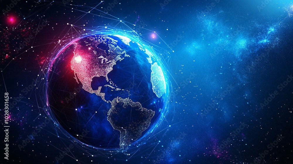 Obraz premium Earth Globe with Neon Lines and Stars