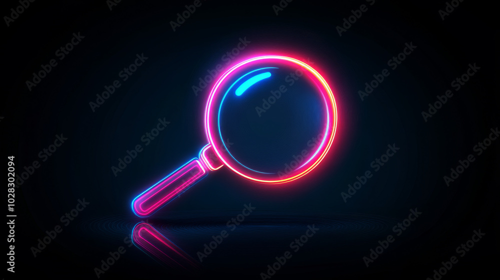 A simple, line-drawn magnifying glass icon that glows neon. This icon represents internet search and the act of finding information. A simple, line-drawn magnifying glass icon that glows neon. This icon represents internet search and the act of finding information.