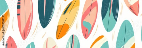 Vibrant surfboards and ocean waves pattern, beach-inspired colors, playful seaside vibes, perfect for summer-themed designs