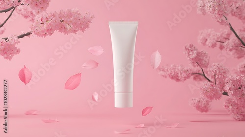 A white tube of cream sits on a light pink surface, surrounded by falling pink cherry blossoms.