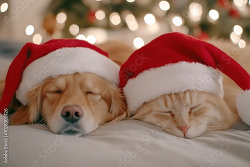 Cozy Holiday Pets Adorable Cat and Dog Snuggled Up in Christmas Hats, Spreading Cheer