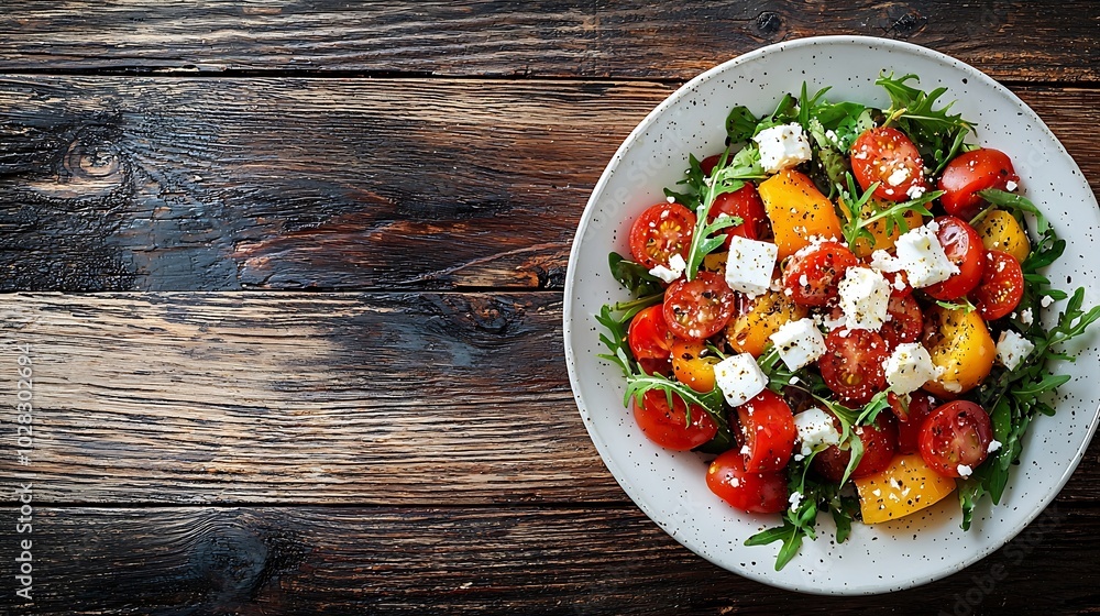 Grilled vegetables salad with feta cheese in white plate on wooden background Top view : Generative AI Grilled vegetables salad with feta cheese in white plate on wooden background Top view : Generative AI