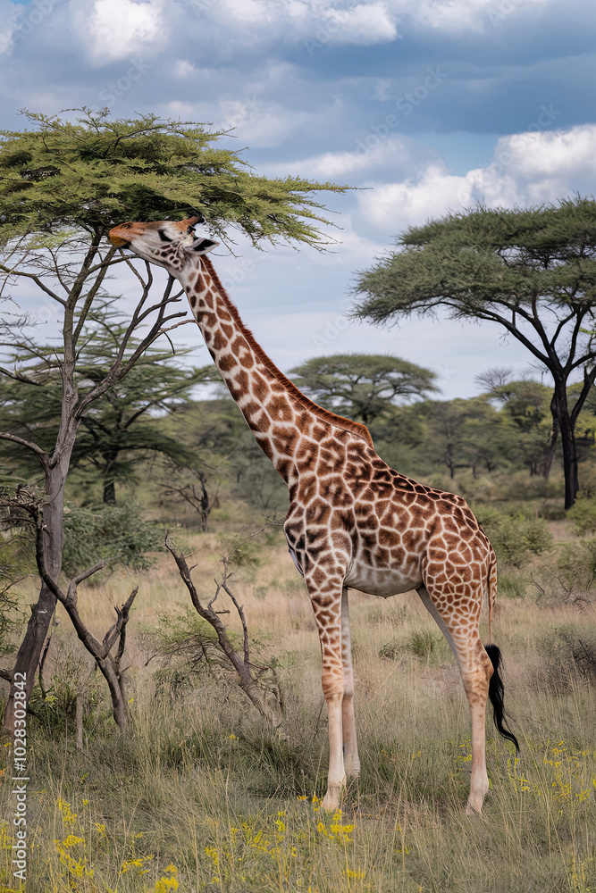 Fototapeta premium Giraffe reaching high to nibble on leaves in a tree