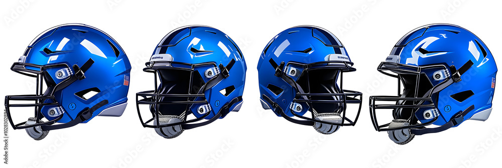 Fototapeta premium Set of modern blue football safety helmets, sports protection for the head. Isolated on a transparent background. PNG