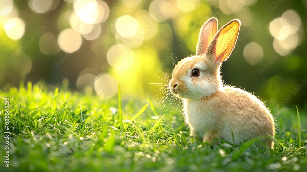 Obraz premium A cute, fluffy bunny rabbit sits in a lush green grassy field with a soft, out-of-focus background of green leaves and warm sunshine.