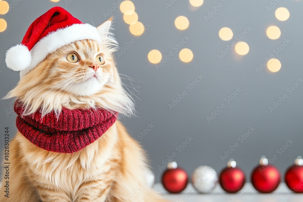 A festive cat wearing a charming Santa hat and cozy scarf surrounded by colorful holiday ornaments A festive cat wearing a charming Santa hat and cozy scarf surrounded by colorful holiday ornaments