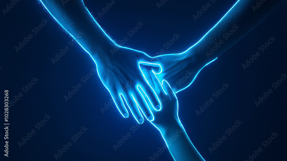 Three hands joined together, outlined in glowing neon light. This simple design represents cooperation and teamwork. Three hands joined together, outlined in glowing neon light. This simple design represents cooperation and teamwork.