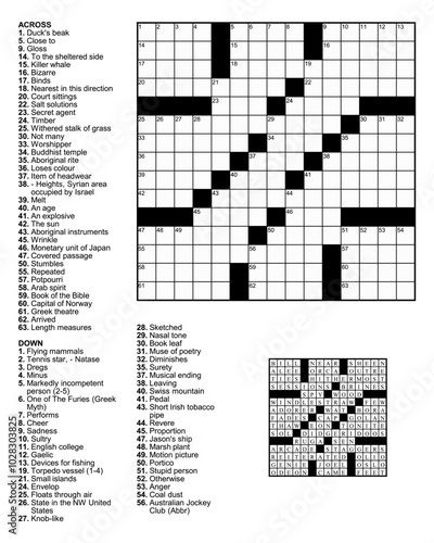 Crossword puzzle game with 15 x 15 squares with clues and solution.
