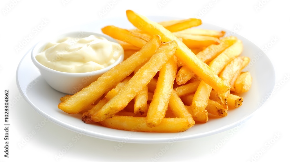 French fries potatoes with mayonnaise on a dish isolated on white background. French fries potatoes with mayonnaise on a dish isolated on white background.