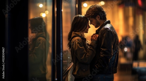 A couple embracing each other in front of the glass door