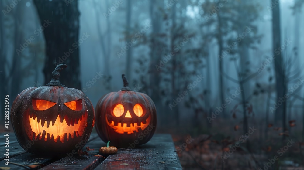 Halloween pumpkins carved with spooky faces and placed on a wooden surface, with a dark, haunting forest background shrouded in mist. Halloween pumpkins carved with spooky faces and placed on a wooden surface, with a dark, haunting forest background shrouded in mist.