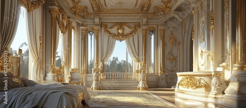 Opulent Bedroom with French Windows and Gold Accents