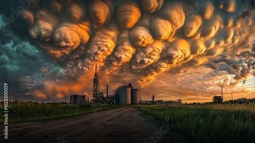 Mammatus Clouds Over Industrial Landscape photo