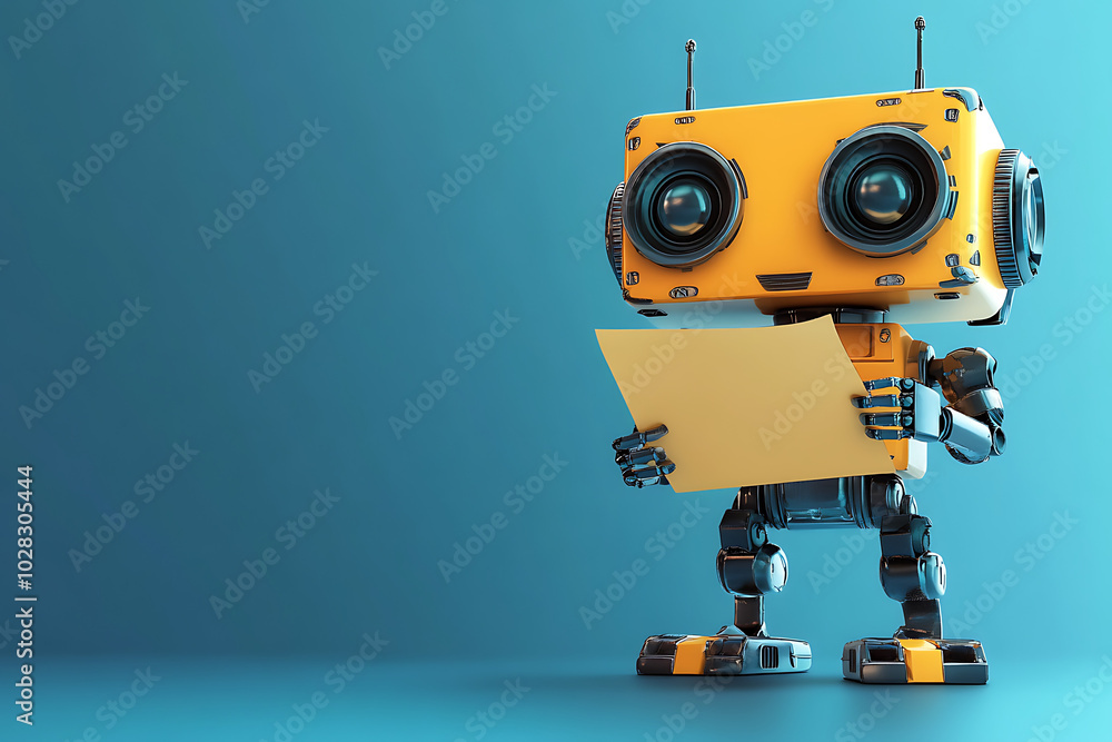A cheerful robot holding a piece of paper in a vibrant blue setting. A cheerful robot holding a piece of paper in a vibrant blue setting.