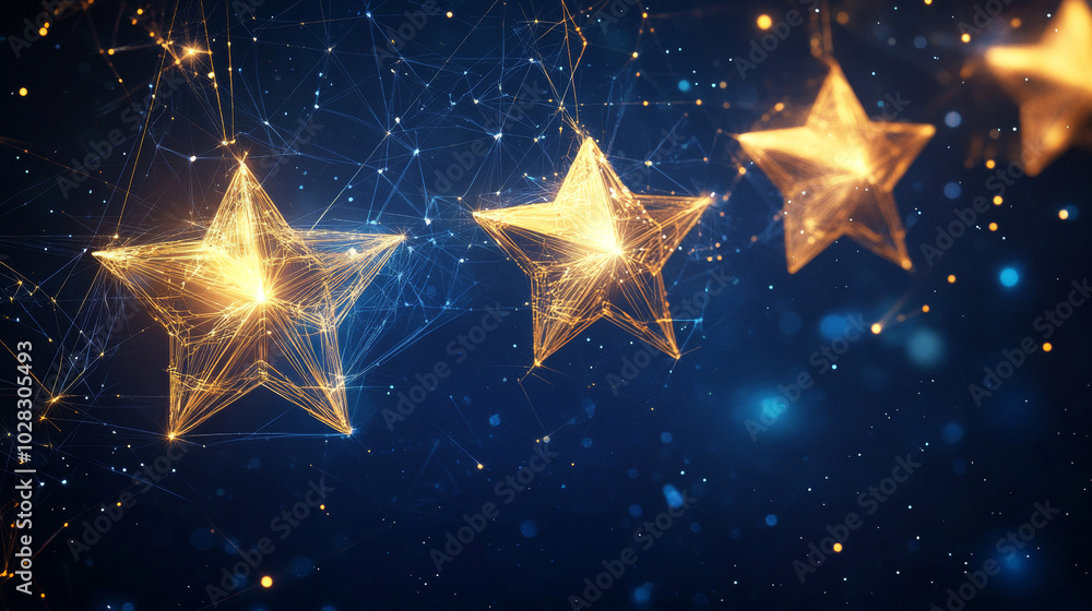 Five gold stars, made with geometric shapes, shine against a blue background. This symbolizes excellent customer service, shown by connected lines. Five gold stars, made with geometric shapes, shine against a blue background. This symbolizes excellent customer service, shown by connected lines.