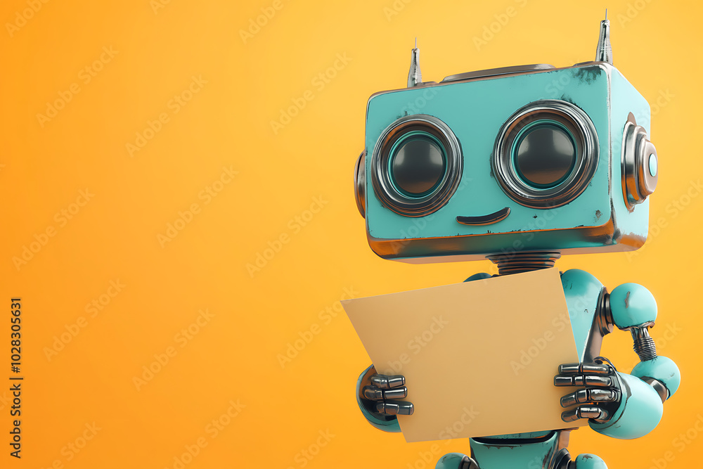 A cheerful robot holds a document against a bright orange background. A cheerful robot holds a document against a bright orange background.