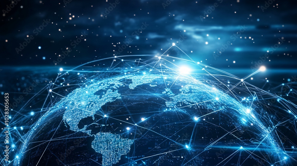 A glowing blue globe with interconnected lines representing global networking. A glowing blue globe with interconnected lines representing global networking.