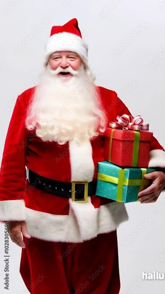 Portrait of Santa Claus holding a gift, celebrating the holiday season with his red hat and festive costume Portrait of Santa Claus holding a gift, celebrating the holiday season with his red hat and festive costume