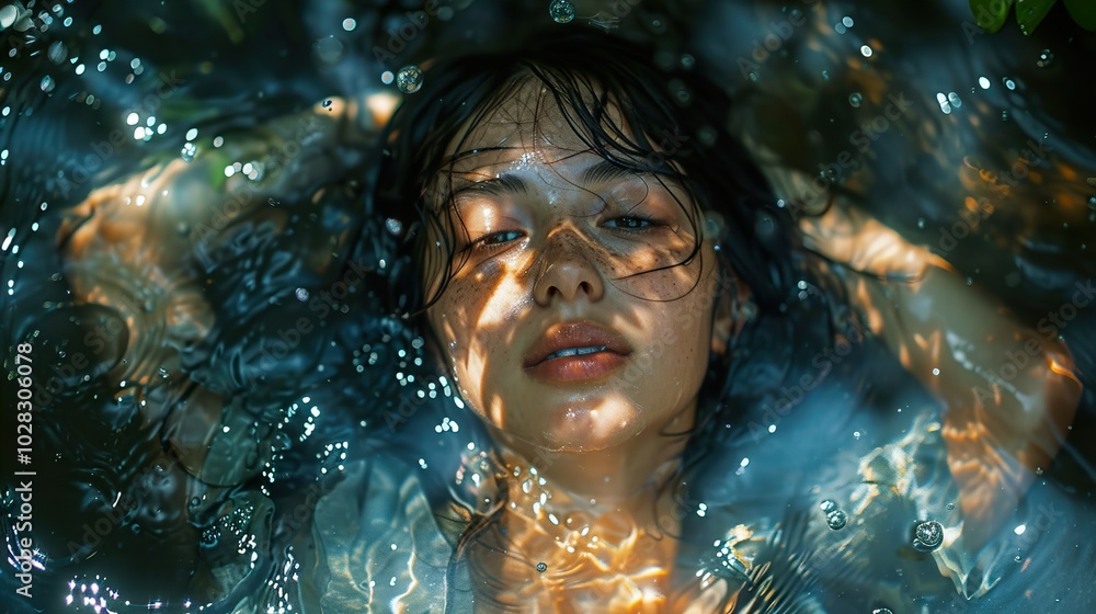 Woman Underwater with Sunlight and Freckles Woman Underwater with Sunlight and Freckles